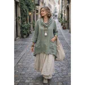 Match Point Linen Tunic Top Women's Sage Green Cowl Neck Boho Lagenlook Pockets